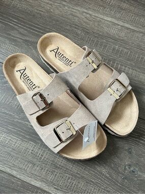 AUTENTI Women's Beige Suede Double-Buckle Slide Sandals size 40